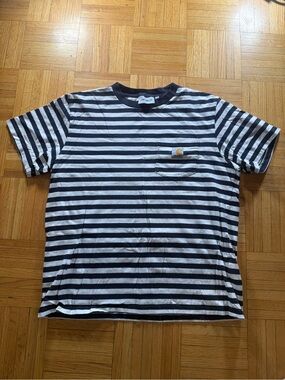 Carhartt WIP Navy and White Striped Pocket T-Shirt medium